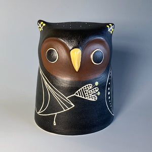 Black Owl with Flower Sculpture